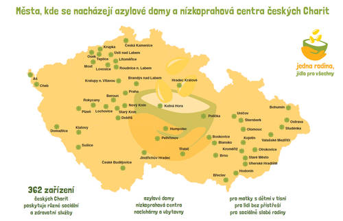 Města, kde se nacházejí azylové domy a nízkoprahová centra českých Charit